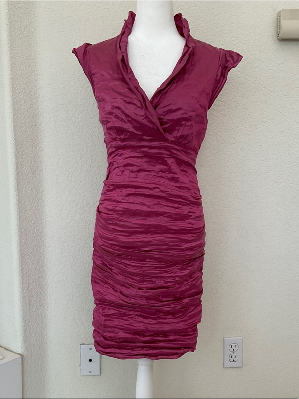 Nicole Miller Magenta Ruched Wrap-Front Midi Dress
